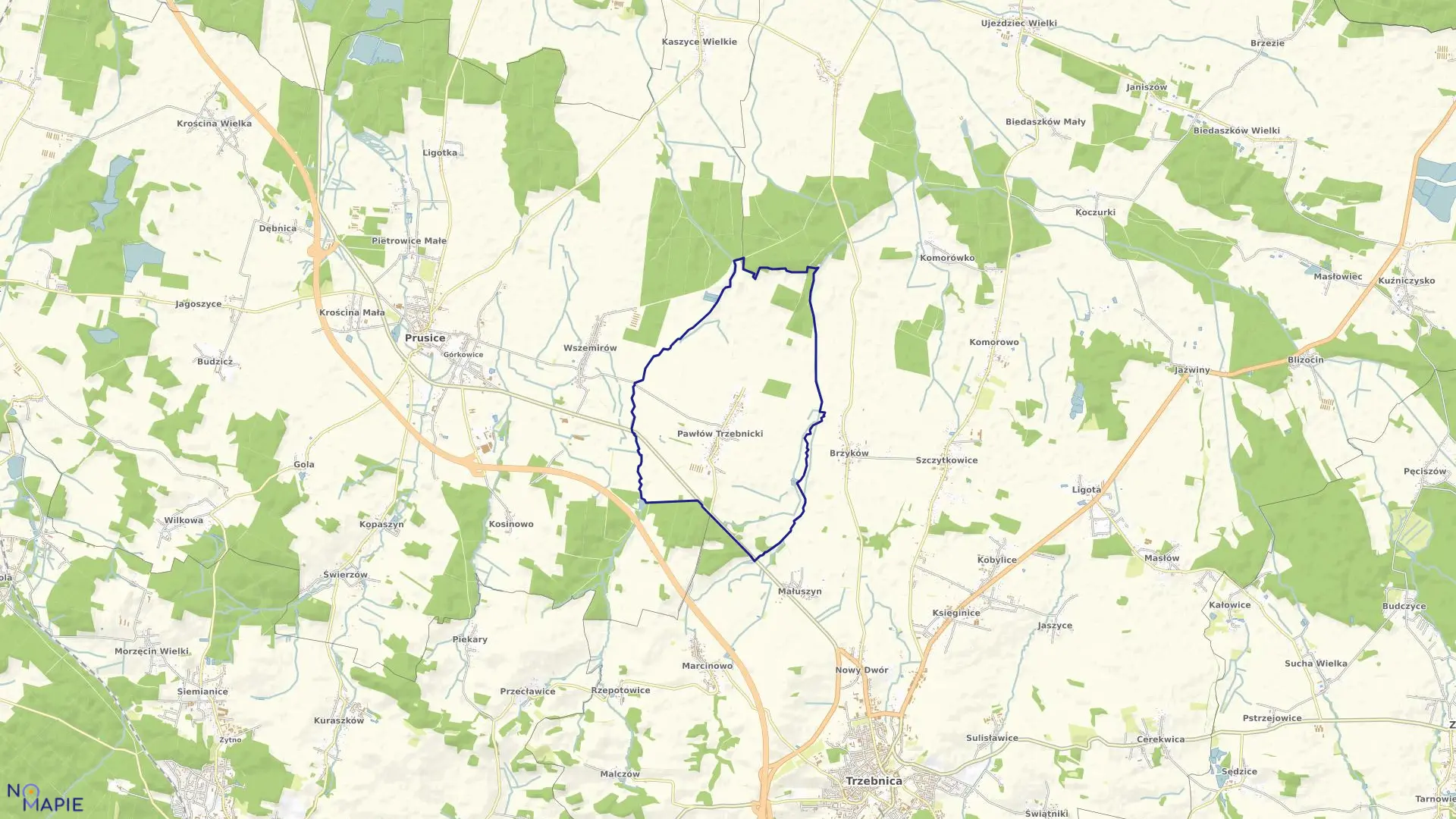 Mapa obrębu Pawłów Trzebnicki w gminie Prusice