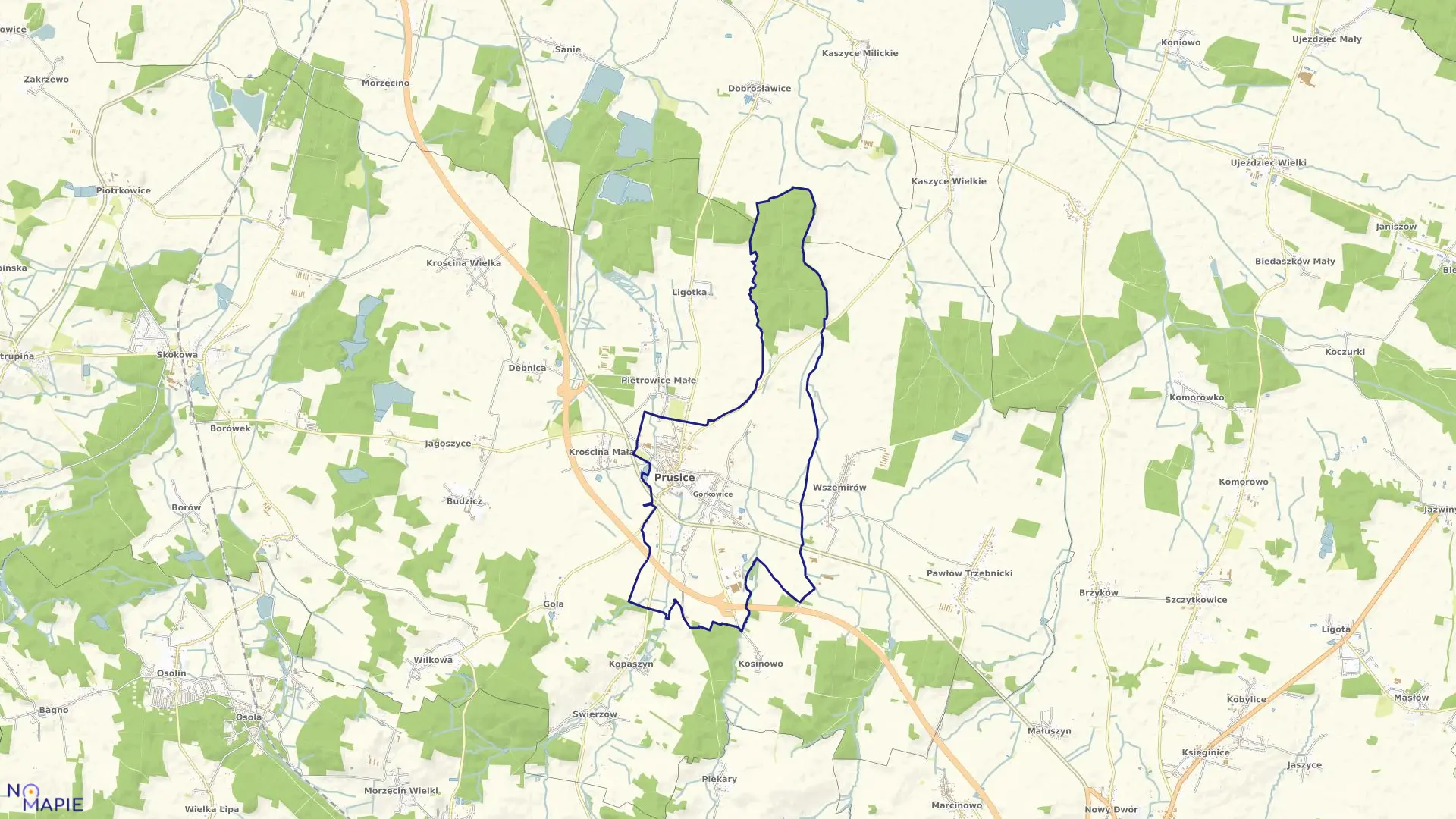 Mapa obrębu Prusice w gminie Prusice